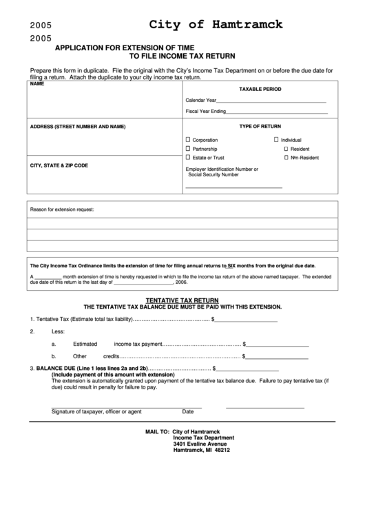 Application For Extension Of Time To File Income Tax Return - City Of Hamtramck - 2005 Printable pdf