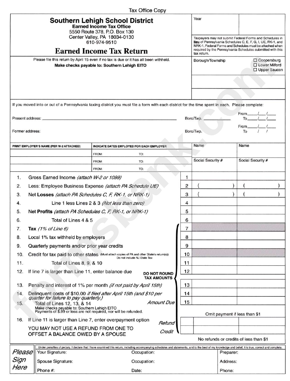 Earned Income Tax Return Form printable pdf download