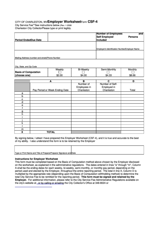 Form Csf-4 - Employer Worksheet - City Of Charleston Printable pdf