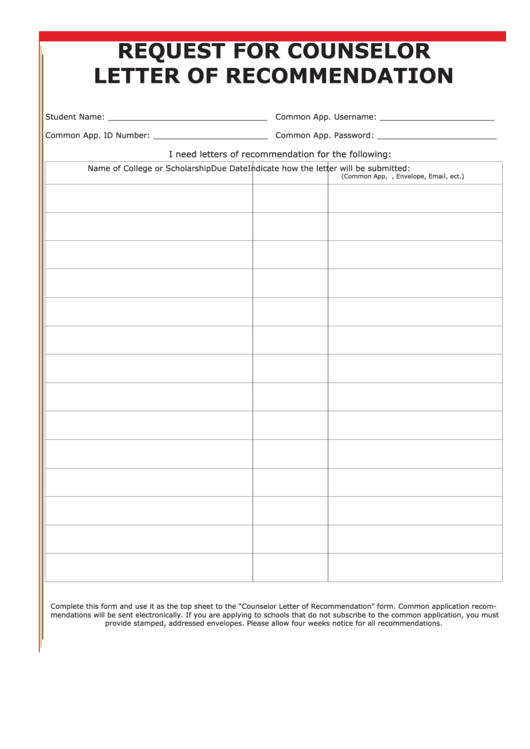 Request For Counselor Letter Of Recommendation Form Printable pdf