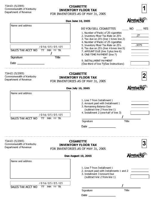 Form 73a421 - Cigarette Inventory Floor Tax Printable pdf