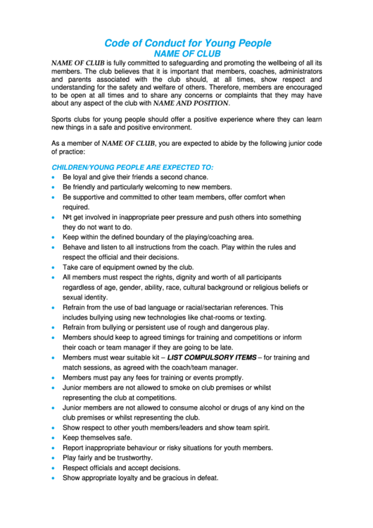 Code Of Conduct For Young People Template Printable pdf