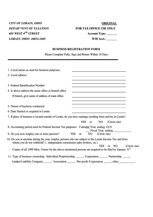 Business Registration Form - Department Of Taxation - City Of Lorain, Ohio Printable pdf