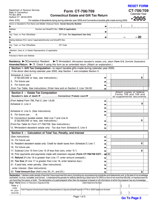 Fillable Form Ct-706/709 - Connecticut Estate And Gift Tax Return - 2005 Printable pdf