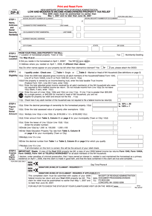 Fillable Form Dp-8 - Low And Moderate Income Homeowners Property Tax Relief Printable pdf