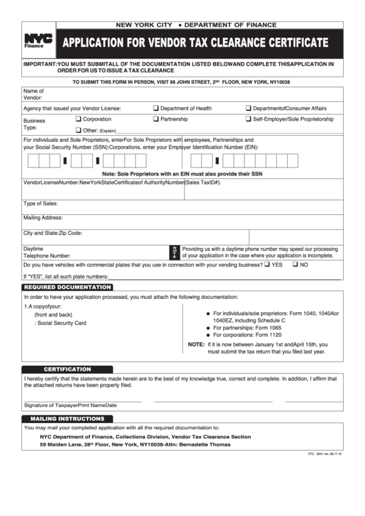 Form Vtc - 9541 - Application For Vendor Tax Clearance Certificate Printable pdf