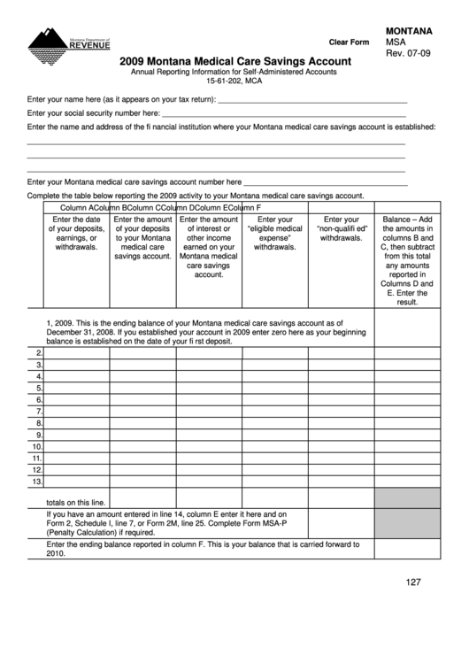 Fillable Montana Form Msa - Montana Medical Care Savings Account - 2009 Printable pdf