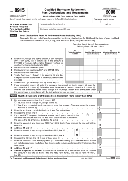 Fillable Form 8915 - Qualified Hurricane Retirement Plan Distributions And Repayments - 2006 Printable pdf