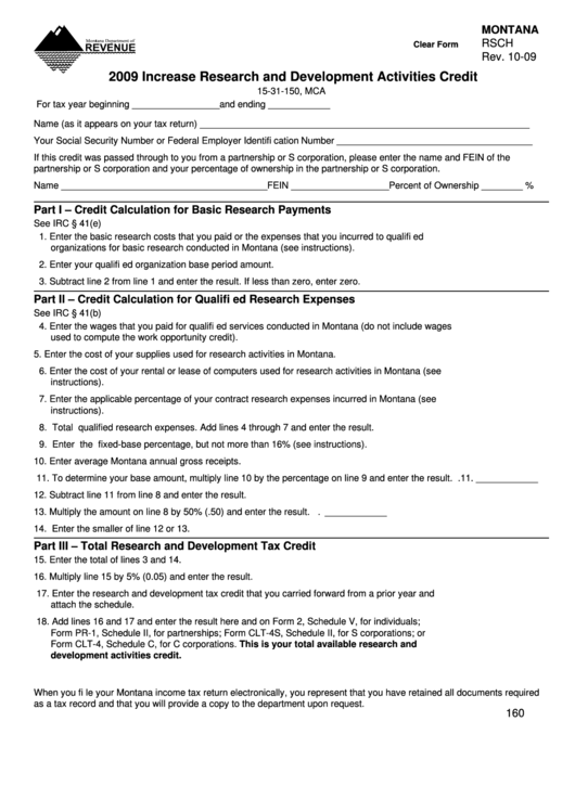 Fillable Montana Form Rsch - Increase Research And Development Activities Credit - 2009 Printable pdf