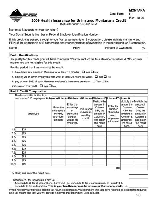 Fillable Form Hi - 2009 Health Insurance For Uninsured Montanans Credit Printable pdf