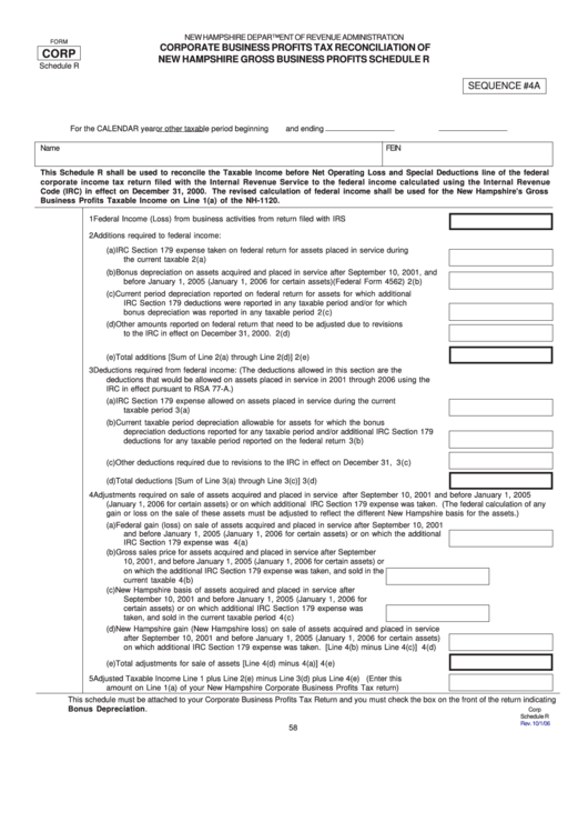 Form Corp - Corporate Business Profits Tax Reconciliation Of New Hampshire Gross Business Profits Schedule R Printable pdf