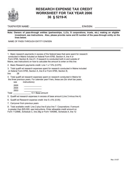 Research Expense Tax Credit Worksheet For Tax Year - 2006 Printable pdf