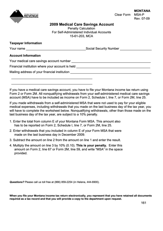 Fillable Montana Form Msa-P - Medical Care Savings Account - 2009 Printable pdf