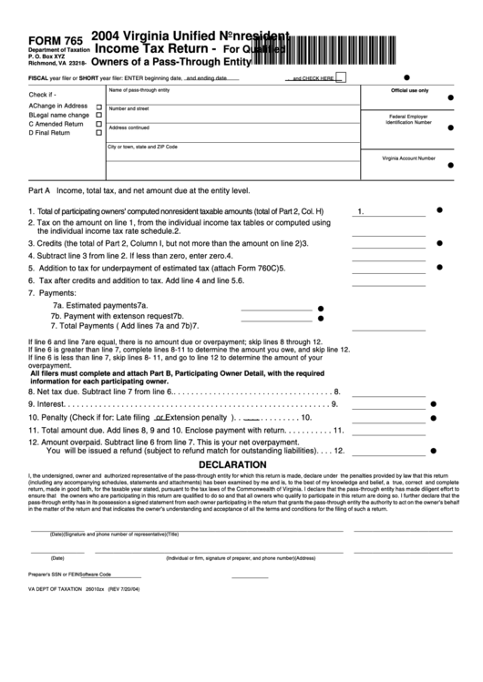 Form 765-2004 - Virginia Unified Nonresident Income Tax Return Printable pdf
