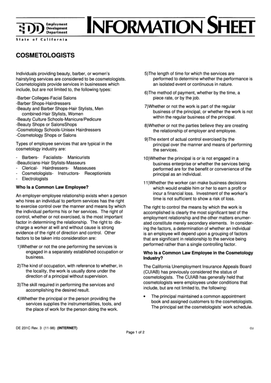 Form De 231c - Information Sheet - California Employment Development Department Printable pdf
