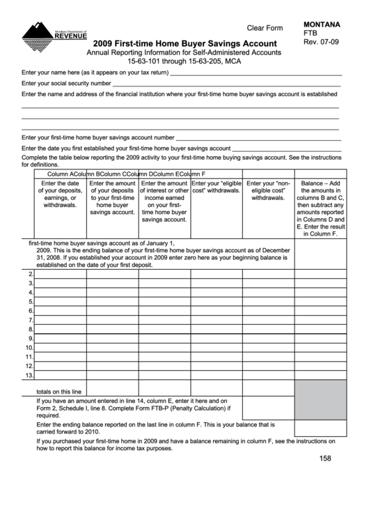 Fillable Form Ftb - 2009 First-Time Home Buyer Savings Account Printable pdf