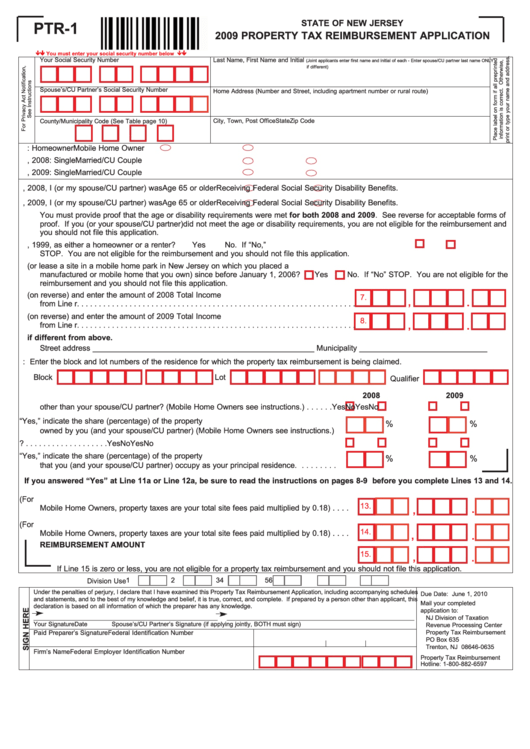 Form Ptr-1 - Property Tax Reimbursement Application - 2009 Printable pdf