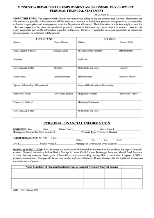 Form Mdes - 1852 - Personal Financial Statement Printable pdf