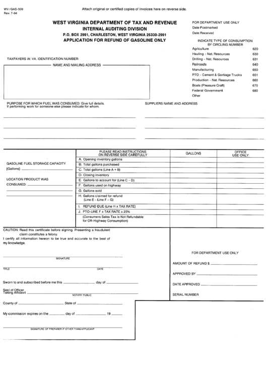 Fillable Form Wv/gas-509 - Application For Refund Of Gasoline Only Printable pdf