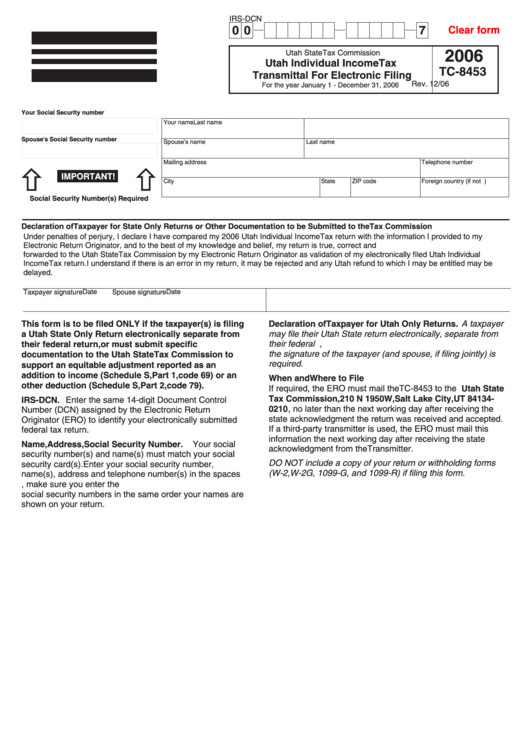 Fillable Form Tc-8453 - Utah Individual Income Tax Transmittal For Electronic Filing - 2006 Printable pdf