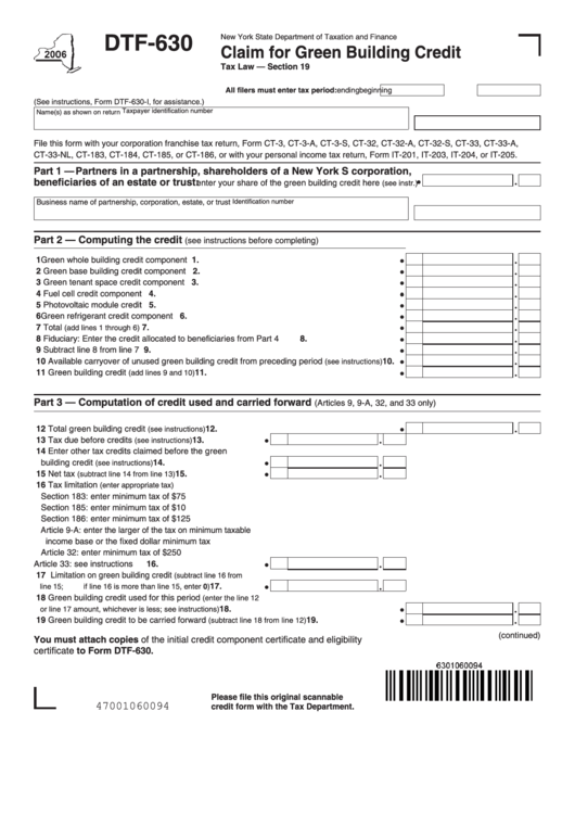 Fillable Form Dtf-630 - Claim For Green Building Credit Printable pdf