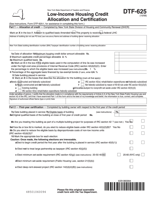 Fillable Form Dtf-625 - Low-Income Housing Credit Allocation And Certification Printable pdf