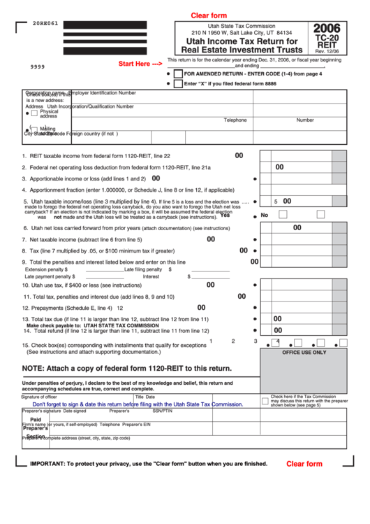 Fillable Form Tc-20 Reit - Utah Income Tax Return For Real Estate Investment Trusts - 2006 Printable pdf