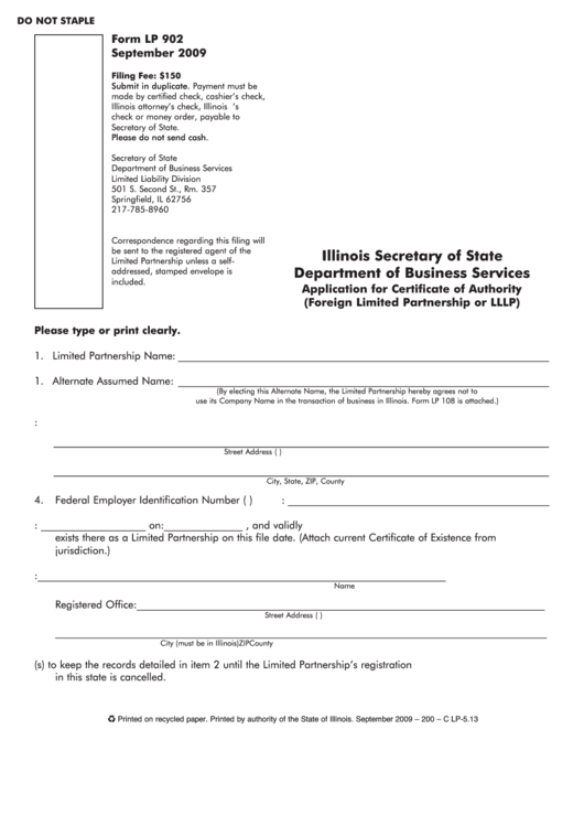 Fillable Form Lp 902 - Application For Certificate Of Authority (Foreign Limited Partnership Or Lllp) Printable pdf
