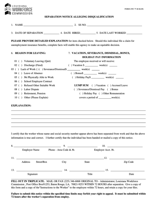 Form Lwc 77 - Separation Notice Alleging Disqualification - 2009 Printable pdf