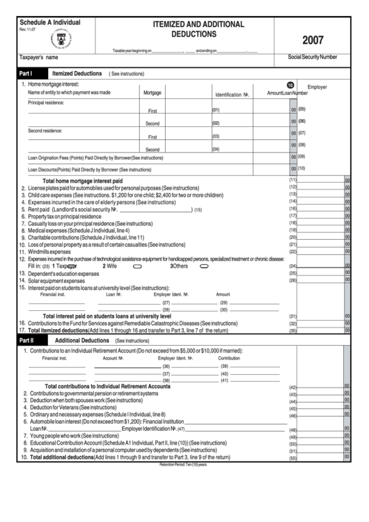 Schedule A Individual - Itemized And Additional Deductions - 2007 Printable pdf