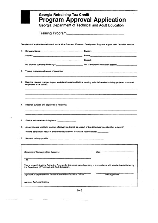 Fillable Program Approval Application Form - Ga Department Of Technical And Adult Education Printable pdf