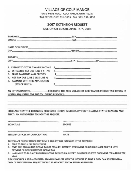 2007 Extension Request Form - Village Of Golf Manor Printable pdf