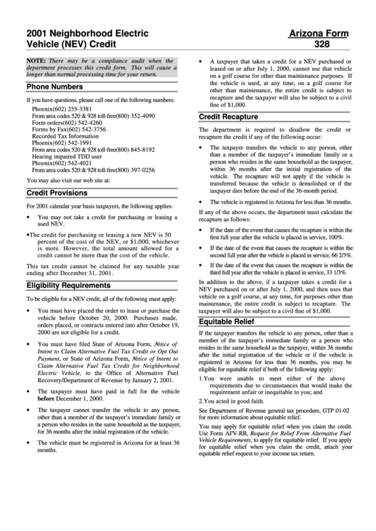 Form 328 - 2001 Neighborhood Electric Vehicle (Nev) Credit Arizona Printable pdf
