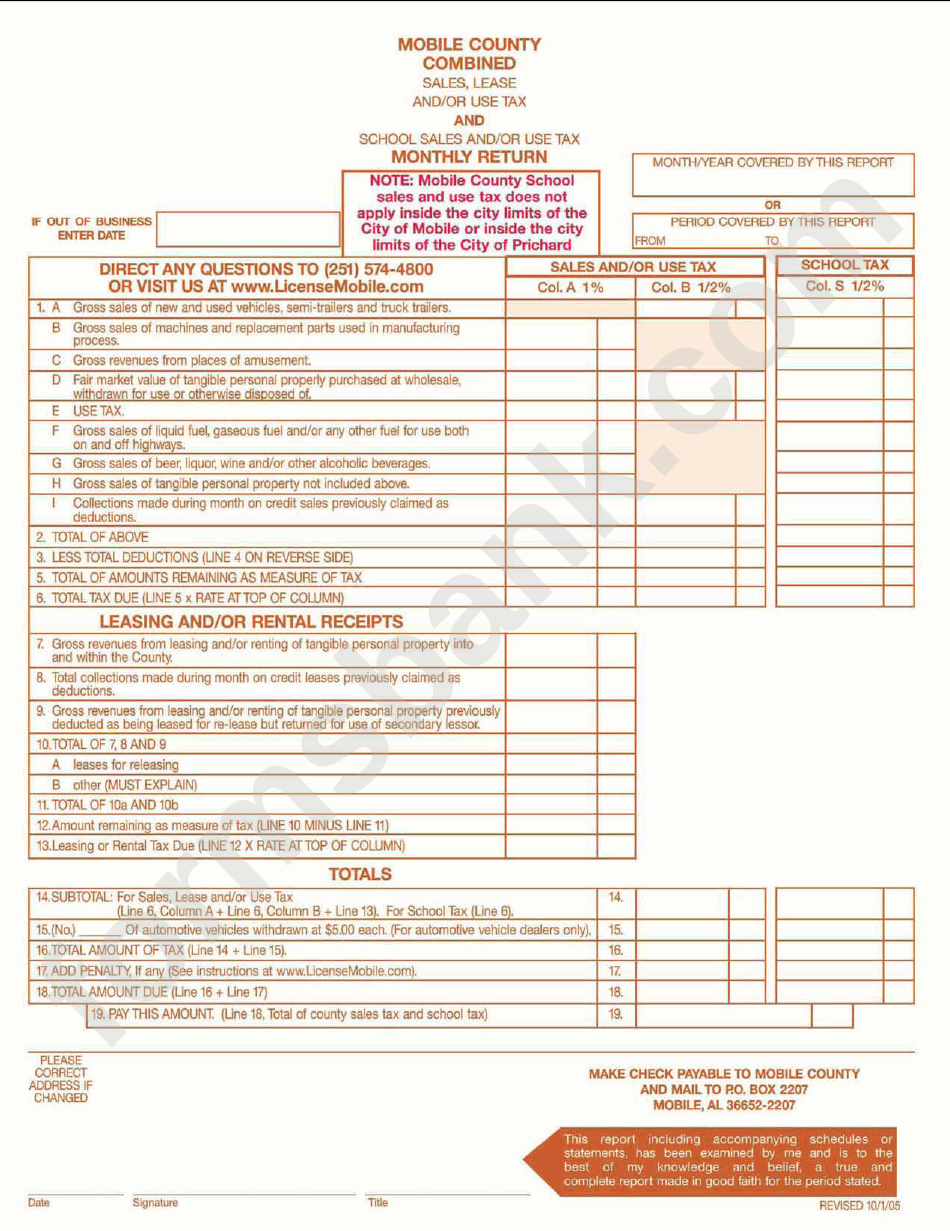 Sales, Lease And/or Use Tax And School Sales And/or Use Tax Monthly Return Form October 2005