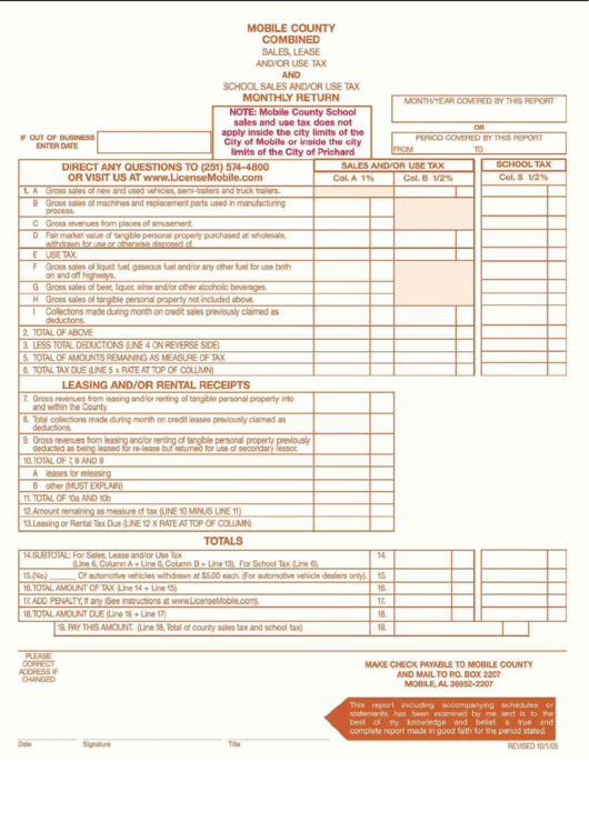 Sales, Lease And/or Use Tax And School Sales And/or Use Tax Monthly Return Form October 2005 Printable pdf