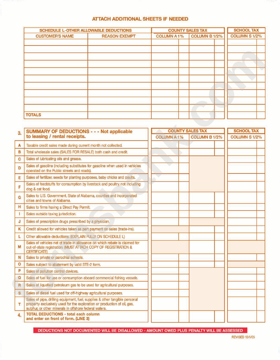 Sales, Lease And/or Use Tax And School Sales And/or Use Tax Monthly Return Form October 2005