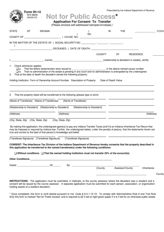 Fillable Form Ih-14 - Application For Consent To Transfer Printable pdf