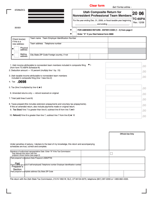 Fillable Form Tc-65pa - Utah Composite Return For Nonresident Professional Team Members - 2006 Printable pdf