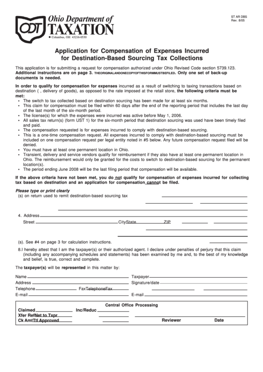 Fillable Form St Ar Dbs - Application For Compensation Of Expenses Incurred For Destination-Based Sourcing Tax Collections Printable pdf