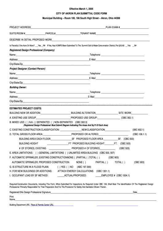 City Of Akron Plan Submittal Code Form 2005 Printable pdf