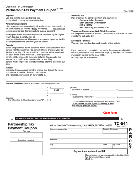 Fillable Form Tc-544 - Partnership Tax Payment Coupon Printable pdf