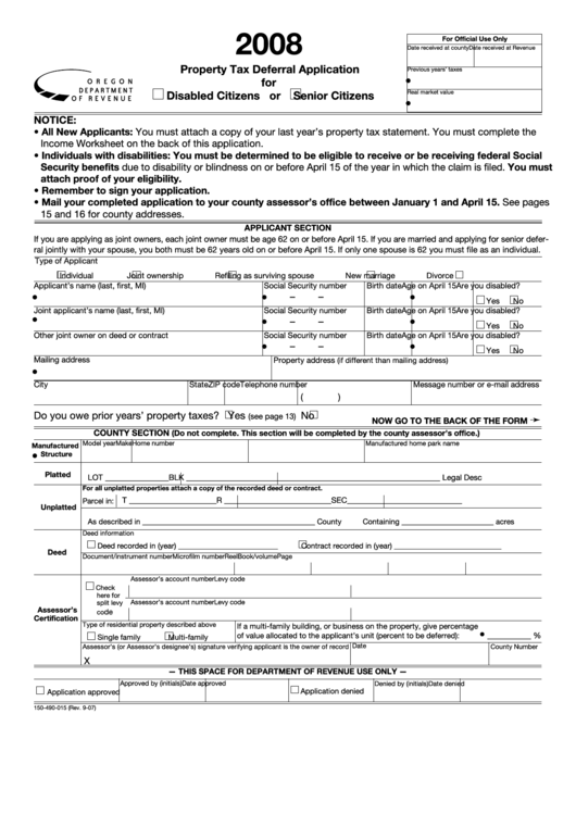 Fillable Form 150-490-015 - Property Tax Deferral Application For Disabled Citizens Or Senior Citizens - 2008 Printable pdf