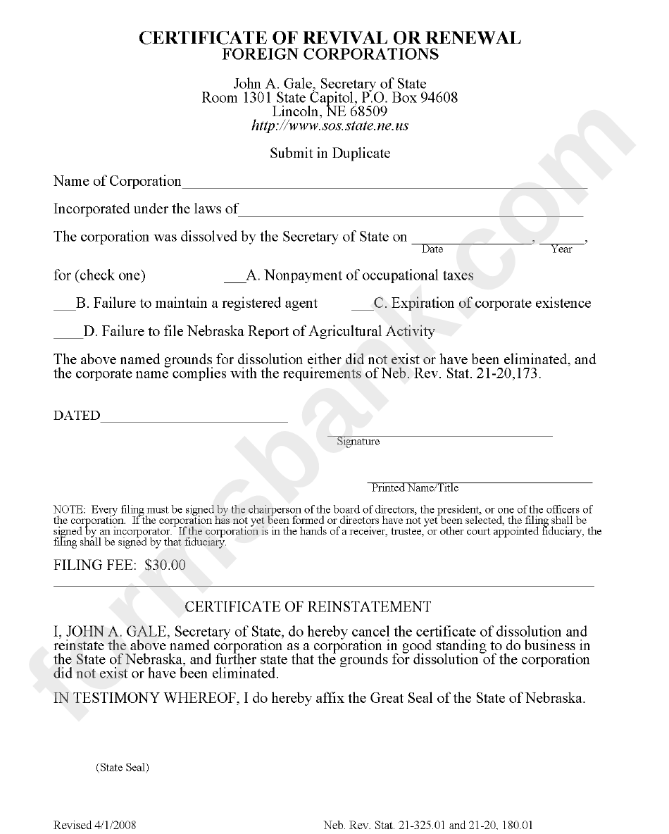 Certificate Of Revival Or Renewal Foreign Corporations Form
