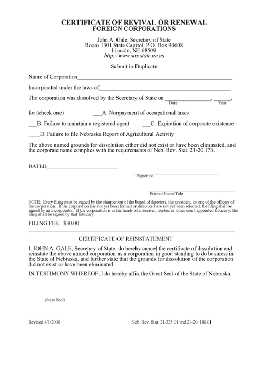 Certificate Of Revival Or Renewal Foreign Corporations Form Printable pdf