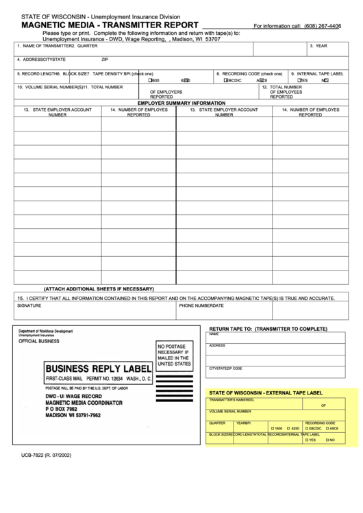 Form Ucb-7822 - Magnetic Media - Transmitter Report Printable pdf