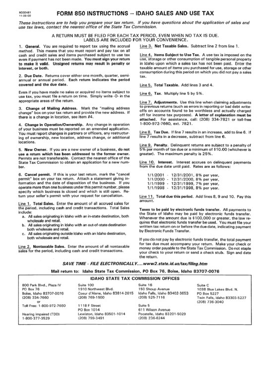 Form 850 Instructions - Idaho Sales And Use Tax Printable pdf