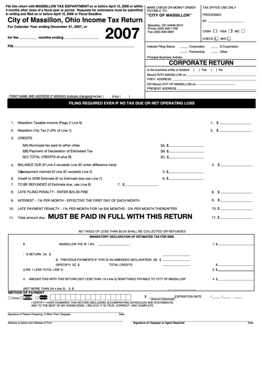 Income Tax Return Form - Massillon Tax Department - 2007 Printable pdf