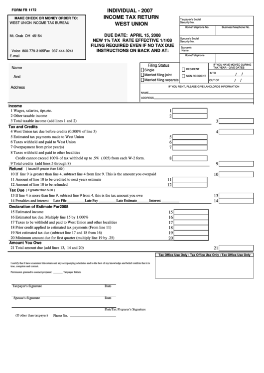 Form Fr 1172 - Individual Income Tax Return - West Union - 2007 Printable pdf