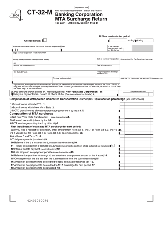 Form Ct-32-M - Banking Corporation Mta Surcharge Return Printable pdf