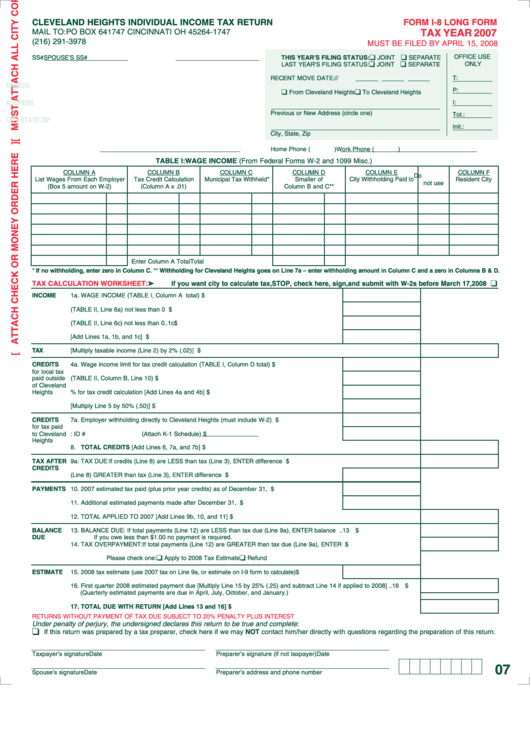 Form I-8 Long - Cleveland Heights Individual Income Tax Return - 2007 Printable pdf